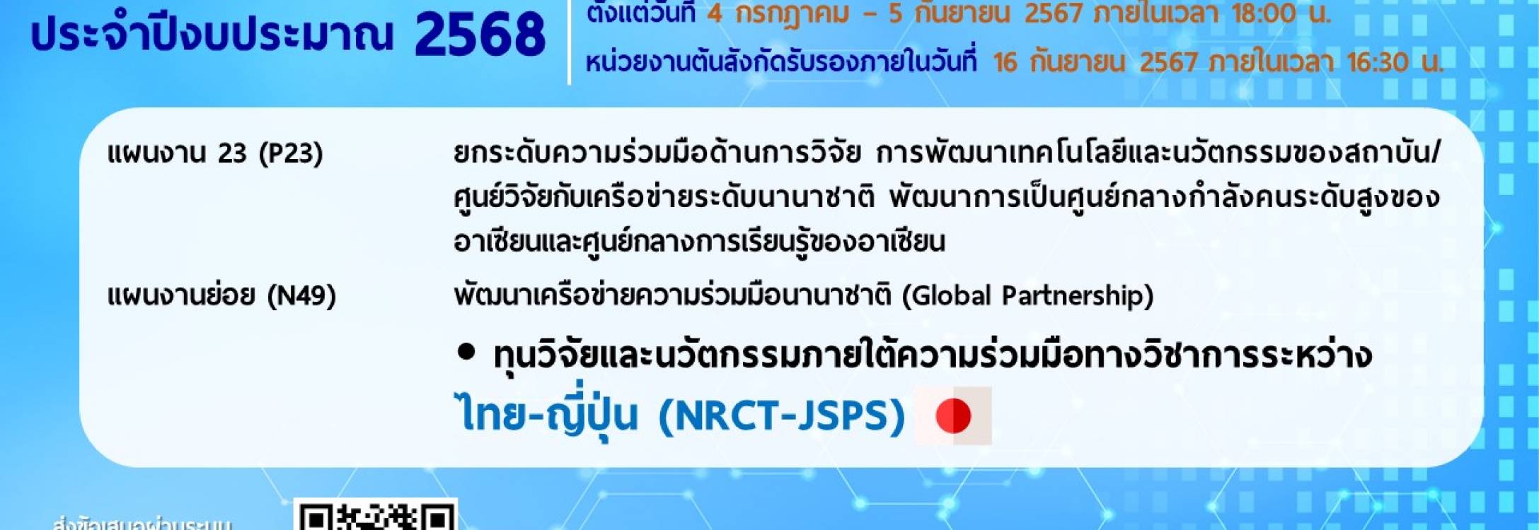 วช. ประกาศรับข้อเสนอการวิจัยและนวัตกรรม ประจำปีงบประมาณ 2568 ทุนวิจัยและนวัตกรรมภายใต้ความร่วมมือทางวิชาการระหว่างไทย-ญี่ปุ่น (NRCT-JSPS)